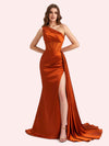 Sexy One Shoulder Mermaid Side Slit Soft Satin Long Matron of Honor Dress For Wedding For Sale