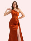 Sexy One Shoulder Mermaid Side Slit Soft Satin Long Matron of Honor Dress For Wedding For Sale