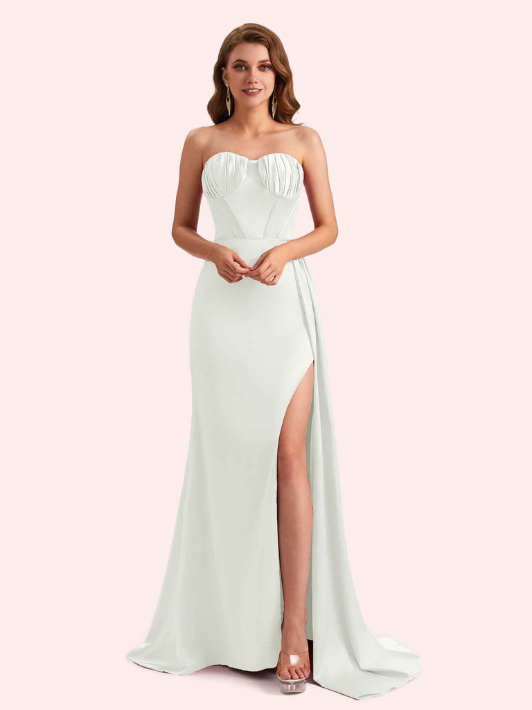 Elegant Sweetheart Mermaid Side Slit Soft Satin Long Matron of Honor Dress For Wedding