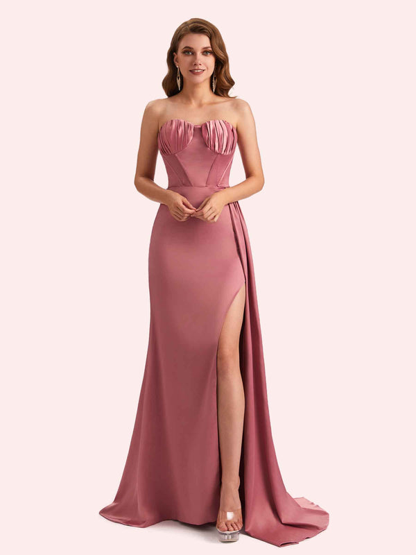 Elegant Sweetheart Mermaid Side Slit Soft Satin Long Matron of Honor Dress For Wedding
