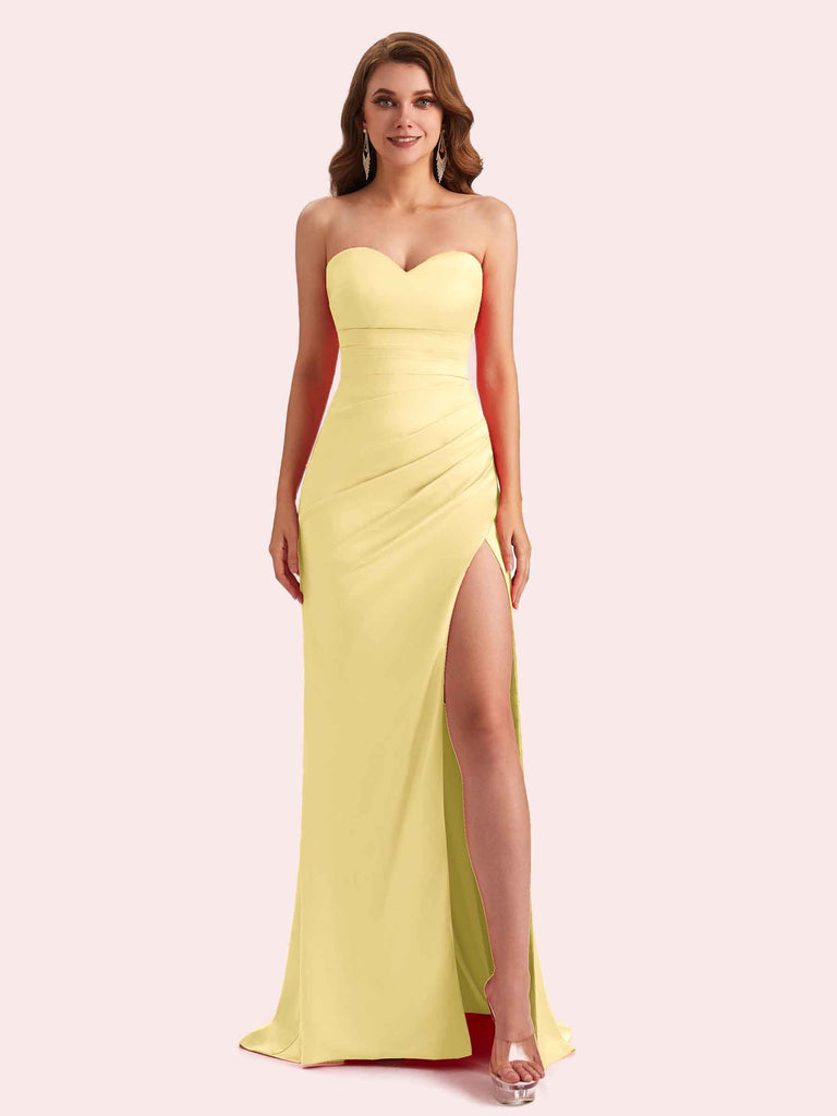 Elegant Sweetheart Side Slit Mermaid Soft Satin Long Matron of Honor Dress For Wedding