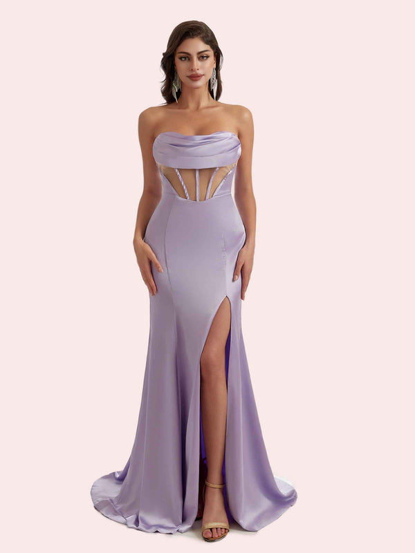 Sexy Mermaid Illusion Side Slit Soft Satin Long Bridesmaid Dress Online