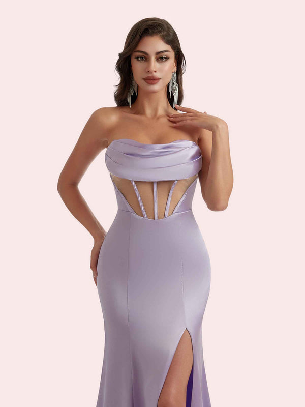 Sexy Mermaid Illusion Side Slit Soft Satin Long Bridesmaid Dress Online