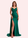 Sexy V-neck Side Slit Mermaid Soft Satin Long Matron of Honor Dress For Wedding