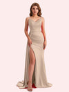 Sexy V-neck Side Slit Mermaid Soft Satin Long Matron of Honor Dress For Wedding