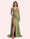 Sexy V-neck Side Slit Mermaid Soft Satin Long Matron of Honor Dress For Wedding