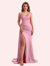 Sexy V-neck Side Slit Mermaid Soft Satin Long Matron of Honor Dress For Wedding