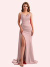 Sexy V-neck Side Slit Mermaid Soft Satin Long Matron of Honor Dress For Wedding