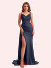 Sexy V-neck Side Slit Mermaid Soft Satin Long Matron of Honor Dress For Wedding