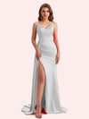 Sexy V-neck Side Slit Mermaid Soft Satin Long Matron of Honor Dress For Wedding