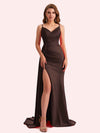 Sexy V-neck Side Slit Mermaid Soft Satin Long Matron of Honor Dress For Wedding