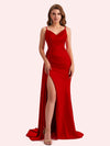 Sexy V-neck Side Slit Mermaid Soft Satin Long Matron of Honor Dress For Wedding