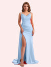 Sexy V-neck Side Slit Mermaid Soft Satin Long Matron of Honor Dress For Wedding