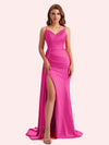 Sexy V-neck Side Slit Mermaid Soft Satin Long Matron of Honor Dress For Wedding