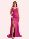 Sexy V-neck Side Slit Mermaid Soft Satin Long Matron of Honor Dress For Wedding