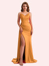 Sexy V-neck Side Slit Mermaid Soft Satin Long Matron of Honor Dress For Wedding