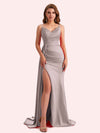 Sexy V-neck Side Slit Mermaid Soft Satin Long Matron of Honor Dress For Wedding