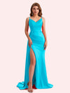 Sexy V-neck Side Slit Mermaid Soft Satin Long Matron of Honor Dress For Wedding