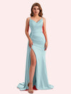 Sexy V-neck Side Slit Mermaid Soft Satin Long Matron of Honor Dress For Wedding
