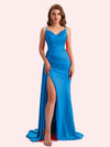 Sexy V-neck Side Slit Mermaid Soft Satin Long Matron of Honor Dress For Wedding