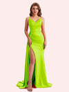 Sexy V-neck Side Slit Mermaid Soft Satin Long Matron of Honor Dress For Wedding