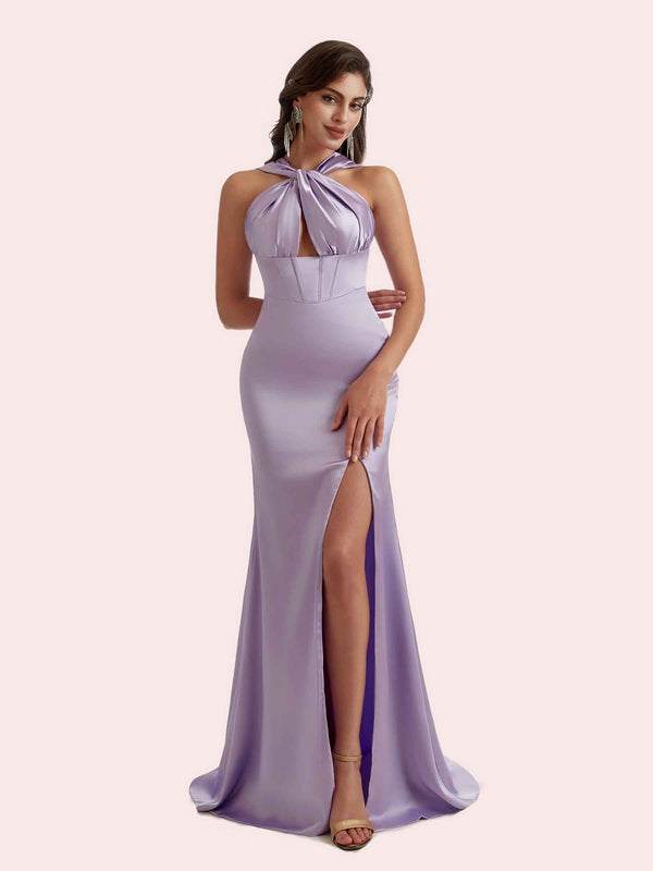 Sexy Mermaid Halter Side Slit Soft Satin Long Bridesmaid Dress for Wedding