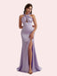 Sexy Mermaid Halter Side Slit Soft Satin Long Bridesmaid Dress for Wedding