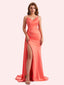 Sexy V-neck Side Slit Mermaid Soft Satin Long Matron of Honor Dress For Wedding
