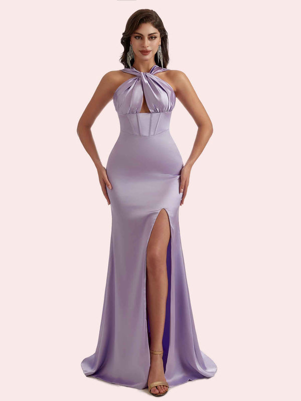 Sexy Mermaid Halter Side Slit Soft Satin Long Bridesmaid Dress for Wedding