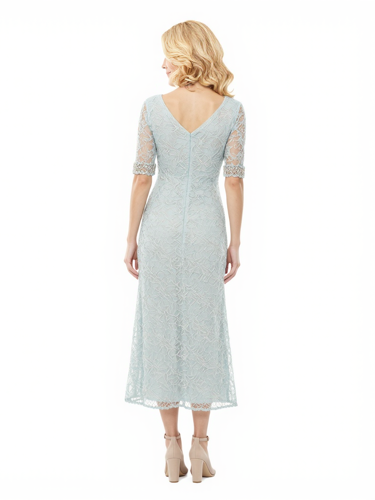 Modern V-Neck Half Sleeves Lace Unique Short Mother of The Bride Dresses Tea Length