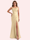 Elegant Jewel Side Slit Mermaid Soft Satin Long Matron of Honor Dress For Wedding