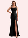 Elegant Jewel Side Slit Mermaid Soft Satin Long Matron of Honor Dress For Wedding