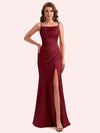 Elegant Jewel Side Slit Mermaid Soft Satin Long Matron of Honor Dress For Wedding