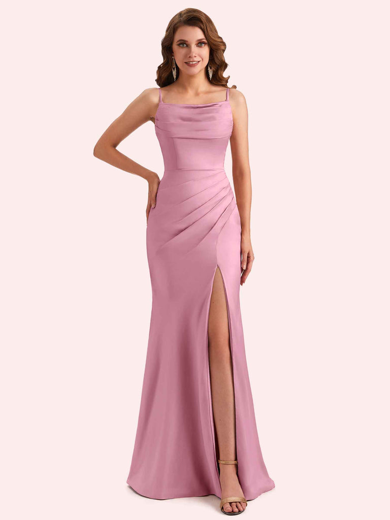 Elegant Jewel Side Slit Mermaid Soft Satin Long Matron of Honor Dress For Wedding