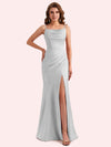 Elegant Jewel Side Slit Mermaid Soft Satin Long Matron of Honor Dress For Wedding