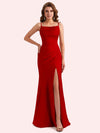 Elegant Jewel Side Slit Mermaid Soft Satin Long Matron of Honor Dress For Wedding