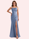 Elegant Jewel Side Slit Mermaid Soft Satin Long Matron of Honor Dress For Wedding