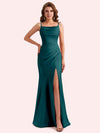 Elegant Jewel Side Slit Mermaid Soft Satin Long Matron of Honor Dress For Wedding