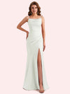 Elegant Jewel Side Slit Mermaid Soft Satin Long Matron of Honor Dress For Wedding