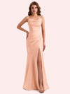 Elegant Jewel Side Slit Mermaid Soft Satin Long Matron of Honor Dress For Wedding