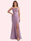 Elegant Jewel Side Slit Mermaid Soft Satin Long Matron of Honor Dress For Wedding