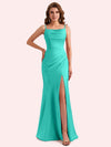 Elegant Jewel Side Slit Mermaid Soft Satin Long Matron of Honor Dress For Wedding