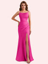 Elegant Jewel Side Slit Mermaid Soft Satin Long Matron of Honor Dress For Wedding