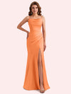 Elegant Jewel Side Slit Mermaid Soft Satin Long Matron of Honor Dress For Wedding