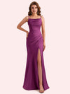 Elegant Jewel Side Slit Mermaid Soft Satin Long Matron of Honor Dress For Wedding