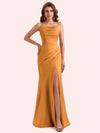 Elegant Jewel Side Slit Mermaid Soft Satin Long Matron of Honor Dress For Wedding