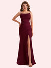 Elegant Jewel Side Slit Mermaid Soft Satin Long Matron of Honor Dress For Wedding