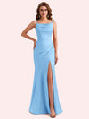 Elegant Jewel Side Slit Mermaid Soft Satin Long Matron of Honor Dress For Wedding