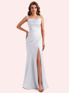 Elegant Jewel Side Slit Mermaid Soft Satin Long Matron of Honor Dress For Wedding