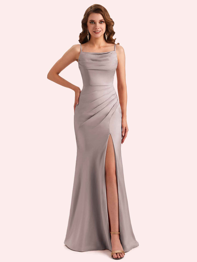 Elegant Jewel Side Slit Mermaid Soft Satin Long Matron of Honor Dress For Wedding